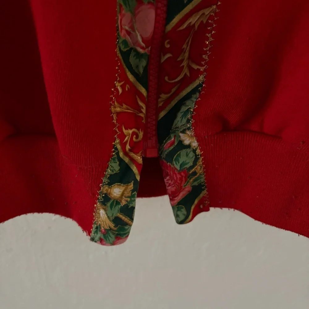 Vintage 90s Women’s Handmade Sweatshirt Jacket Size L Full‎ Zip Red Roses Leaves